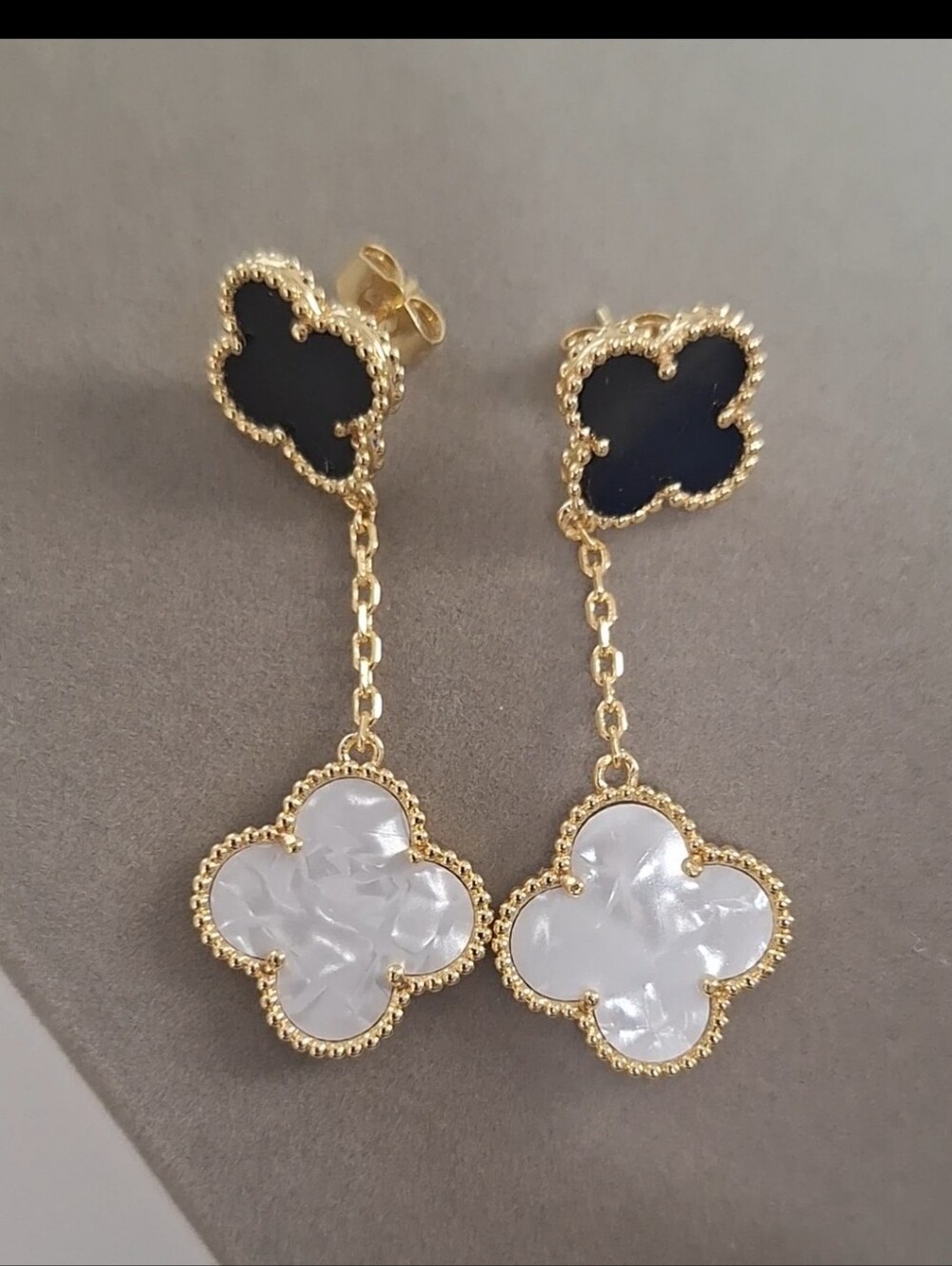 Black Onyx And Mother Of Pearl clover dangle earrings